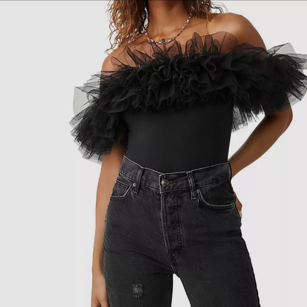 Free People Black Ruffled Bodysuit